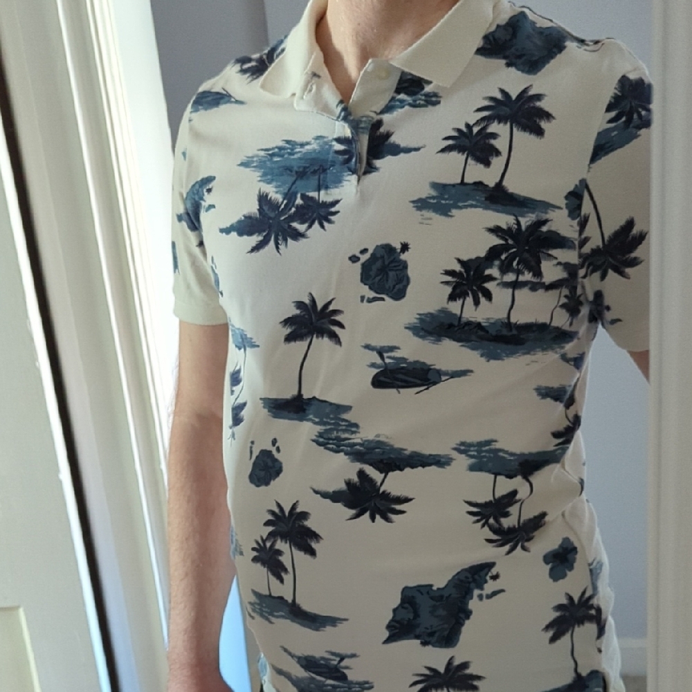 Men's Tropical Print Polo Shirt - Blue and White